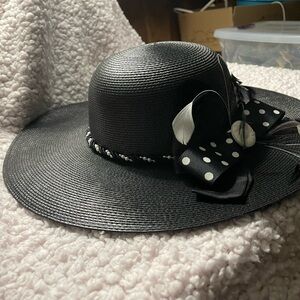 Elegant Black Wide-Brim Hat with Polka Dot Bow